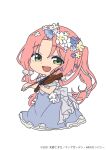  1girl alternate_hairstyle aria blue_dress blue_flower chibi copyright dated dress eyelashes flower forehead frilled_dress frills green_eyes hair_flower hair_ornament hair_ribbon hair_rings highres holding holding_instrument instrument long_dress long_hair looking_at_viewer mizunashi_akari music official_art open_mouth parted_bangs pink_hair playing_instrument ribbon sidelocks simple_background solo violin white_background white_flower yellow_flower 