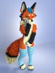  3d_(artwork) 4_toes ambiguous_gender anthro blender_(software) blue_hair blue_pawpads canid canine digital_media_(artwork) feet fluffy fox hair hi_res male mammal mango_fox pawpads paws shy simple_background smile solo toes 