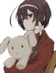  1girl absurdres black_eyes black_hair bungou_stray_dogs closed_mouth flower hair_flower hair_ornament hairband highres holding holding_stuffed_toy izumi_kyouka_(bungou_stray_dogs) japanese_clothes jellyfish_sz kimono long_hair low_twintails red_kimono simple_background solo stuffed_animal stuffed_toy twintails white_background white_flower white_hairband 