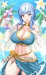  1girl :d absurdres alternate_eye_color bare_shoulders bikini blue_bikini blue_hair blue_sky blurry blurry_background braid breasts commentary_request cowboy_shot crown_braid day fire_emblem fire_emblem:_three_houses fire_emblem_heroes highres large_breasts looking_at_viewer marianne_von_edmund medium_hair navel nez-box official_alternate_costume open_mouth outdoors purple_eyes sarong sky smile solo standing stomach swimsuit thighs 