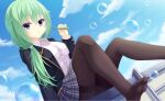  1girl arm_at_side black_jacket black_pantyhose blue_sky breasts bubble_blowing cloud collared_shirt commentary day dutch_angle eyelashes eyes_visible_through_hair feet green_hair grey_skirt gyaoo_yuzu_soft hair_between_eyes hand_up jacket knees_up long_hair looking_at_viewer low_ponytail medium_breasts miniskirt no_shoes open_clothes open_jacket original outdoors pantyhose parted_lips plaid plaid_skirt pleated_skirt purple_eyes school_uniform shirt sitting skirt sky soap_bubbles solo thighband_pantyhose tights_day white_shirt 