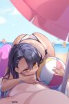  1boy 4girls ass asymmetrical_bangs ball beach beach_umbrella beachball bikini black_hair brown_eyes english_commentary fellatio gamou_maki hair_ornament hairclip hetero highres holding holding_ball holding_beachball hot_vr ijiranaide_nagatoro-san long_hair multiple_girls nagatoro_hayase ocean oral outdoors patreon_username public_indecency sakura_(nagatoro) swimsuit umbrella uncensored white_bikini yoshi_(nagatoro) 