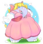  after_transformation anthro barefoot belly big_ears blonde_hair blue_eyes blush blush_stickers bodily_fluids breasts chubby_female clothing dress elephant elephantid feet female gloves grey_body grey_skin hair handwear hi_res homemosaco mammal mario_bros nintendo pink_clothing pink_dress princess_peach proboscidean proboscis_(anatomy) solo super_mario_bros_wonder surprised_expression sweat sweatdrop trunk_(anatomy) white_clothing white_gloves white_handwear 