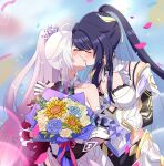  2girls ahoge armor bare_shoulders black_flower blue_flower blush bouquet breasts closed_eyes closed_mouth collarbone colored_inner_hair couple crown earrings english_commentary falling_petals flower hair_flower hair_ornament hand_on_another&#039;s_arm hand_on_another&#039;s_shoulder height_difference highres holding holding_bouquet honkai_(series) honkai_impact_3rd jewelry kiana_kaslana kiana_kaslana_(herrscher_of_finality) kiss kudayunii long_hair medium_breasts multicolored_hair multiple_girls petals raiden_mei raiden_mei_(herrscher_of_origin) sunflower sunflower_hair_ornament upper_body white_armor white_flower white_hair yellow_pansy_(flower_knight_girl) yuri 