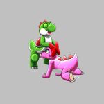  1:1 anthro birdo bodily_fluids duo eyes_closed fellatio female feral genitals green_body grey_background kitsune_youkai male male/female mario_bros nintendo oral penile penis pink_body pussy red_ribbon ribbons saliva sex simple_background yoshi 