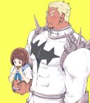  1boy 1girl bara blush blush_stickers bodysuit c69 carrying carrying_person covered_abs dark-skinned_male dark_skin earrings eating embarrassed from_side gamagoori_ira hair_slicked_back jewelry kill_la_kill large_hands large_pectorals long_sideburns mankanshoku_mako mature_male muscular muscular_male pectorals short_hair shoulder_spikes sideburns size_difference spikes thick_eyebrows white_bodysuit 