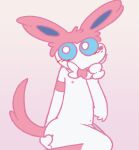  anthro barely_visible_genitalia barely_visible_penis blue_eyes blush blush_lines eeveelution fur generation_6_pokemon genitals gradient_background male nintendo nipples penis pink_body pink_fur pokemon pokemon_(species) silly_imp simple_background solo sylveon white_body white_fur 