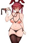  1girl ball_gag bespectacled black_collar black_panties bra breasts collar cupless_bra fur_cuffs gag glasses groin heterochromia highres holding holding_tray hololive houshou_marine large_breasts leash navel panties playboy_bunny red_eyes red_hair sex_toy simple_background solo stomach thighhighs topless tray twintails underwear varniskarnis virtual_youtuber white_background yellow_eyes 
