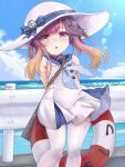  1girl adapted_costume blue_neckerchief blue_sailor_collar blue_sky cloud day dress em_s feet_out_of_frame gradient_hair hat highres kantai_collection lifebuoy long_hair multicolored_hair neckerchief orange_hair outdoors pantyhose purple_eyes purple_hair sailor_collar sailor_dress short_dress sidelocks sky sleeveless sleeveless_dress solo standing sun_hat tsushima_(kancolle) white_dress white_headwear white_pantyhose 