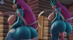  3d_(artwork) anthro big_breasts big_butt blue_body breasts butt digital_media_(artwork) dildo dildo_sitting female generation_2_pokemon hair hi_res huge_butt legendary_pokemon looking_at_viewer looking_back looking_back_at_viewer nintendo penetration pokemon pokemon_(species) purple_hair sex_toy solo suicune xlkev 