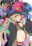  absurdres black_headwear black_nails blonde_hair breasts cat cleavage clothing_cutout fang gloves hair_between_eyes hat highres large_breasts long_hair nijisanji nui_sociere partially_fingerless_gloves plant skull tetsu_booya very_long_hair vines virtual_youtuber witch_hat yellow_eyes 