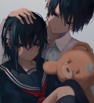  1boy 1girl 8rk9 absurdres bandaged_head bandages bandaid bandaid_on_face black_hair black_sailor_collar black_shirt black_socks blue_eyes blush brother_and_sister collared_shirt earclip grey_background hair_between_eyes hand_on_another&#039;s_head highres kneehighs knees_up long_hair long_sleeves looking_at_another neckerchief original red_neckerchief sad sailor_collar school_uniform serafuku shirt short_hair siblings sidelocks simple_background socks stuffed_animal stuffed_toy teddy_bear upper_body white_shirt 