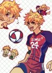  3boys ace_anderson akiba_hiro ball bandaid bandaid_on_face bandaid_on_nose blonde_hair camp_buddy cheek_poking chibi chibi_inset cowboy_shot crossover cseighteen eating food jock_studio_(blits_games) leo_mendez_(jock_studio) male_focus motion_lines multiple_boys open_mouth poking red_shirt red_shorts sandwich shirt short_hair shorts smile soccer_ball teeth upper_teeth_only 