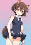  1girl animal_ear_fluff animal_ears bow brave_witches brown_eyes brown_hair covered_navel covered_nipples hair_ornament hairclip karibuchi_hikari looking_at_viewer old_school_swimsuit open_mouth school_swimsuit shimada_fumikane short_hair skirt solo squirrel_ears squirrel_girl squirrel_tail swimsuit tail world_witches_series 