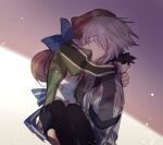  black_gloves blue_bow bow brown_hair carrying carrying_person closed_eyes coat crow_armbrust earrings eiyuu_densetsu fur-trimmed_coat fur_trim gloves green_jacket grey_coat hair_bow hug jacket jewelry juliet_sleeves light_particles long_sleeves puffy_sleeves sen_no_kiseki sen_no_kiseki_iv short_hair soap_(user_kghh4755) towa_herschel upper_body white_hair 
