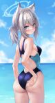  1girl adjusting_clothes adjusting_swimsuit ahoge animal_ear_fluff animal_ears ass bare_arms bare_shoulders blue_archive blue_eyes blue_one-piece_swimsuit blue_sky blurry blush breasts cloud competition_swimsuit cowboy_shot day extra_ears from_behind grey_hair hair_between_eyes hair_ornament hairclip halo highres long_hair looking_at_viewer looking_back marisasu_(marisa0904) mismatched_pupils multicolored_clothes multicolored_swimsuit official_alternate_costume one-piece_swimsuit open_mouth outdoors parted_lips ponytail shiroko_(blue_archive) shiroko_(swimsuit)_(blue_archive) sidelocks sky solo standing swimsuit thighs water wet wolf_ears 
