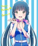  1girl belt birthday blue_background blue_hair blue_sleeves blue_track_suit blunt_bangs breasts character_name choker cleavage collarbone commentary_request english_text eyelashes finger_to_own_chin fingernails happy_birthday holding holding_toy idolmaster idolmaster_million_live! kitakami_reika light_blush long_hair long_sleeves looking_at_viewer low_twintails open_mouth outline pink_choker shirt sleeves_past_elbows small_breasts smile solo straight-on straight_hair striped striped_background teeth toy toy_car twintails two-tone_background two-tone_sleeves upper_body upper_teeth_only white_background white_belt white_outline white_shirt white_sleeves witoi_(roa) yellow_eyes 