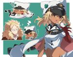  1boy 1girl bandaged_arm bandages beard blonde_hair clover dark-skinned_female dark_skin facial_hair four-leaf_clover guilty_gear guilty_gear_strive highres itsuka_neru leo_whitefang lucifero_(guilty_gear) medium_hair open_mouth orange_eyes ramlethal_valentine red_bandage 