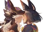  2boys animal_ears animal_hat animal_hood arabian_clothes bishounen couple cyno_(genshin_impact) dark-skinned_male dark_skin egyptian_clothes eye_contact face-to-face facing_another fox_boy genshin_impact green_hair grey_hair hair_between_eyes hair_over_one_eye hat heads_together highres hood jackal_ears long_hair looking_at_another male_focus multicolored_hair multiple_boys noses_touching simple_background thehanniebunny tighnari_(genshin_impact) white_background yaoi 