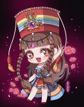  1girl :d arm_up artist_name blunt_bangs braided_sidelock brown_eyes brown_hair chibi dark_background full_body hand_up hei_xiangling highres kumu_zaisheng long_hair red_footwear red_headwear red_shirt red_skirt shirt skirt smile solo ye_luoli 