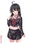  1girl ahoge black_hair black_skirt blush breasts collarbone cowboy_shot crescent crescent_pin cropped_legs ebifurya hair_between_eyes highres kantai_collection long_sleeves looking_at_viewer mikazuki_(kancolle) navel neckerchief one-hour_drawing_challenge pleated_skirt red_neckerchief sailor_collar sidelocks simple_background skirt small_breasts smile solo thighs twitter_username white_background white_sailor_collar 