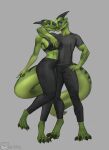  4_toes absurd_res acupa anthro big_breasts blue_eyes bottomwear bra breasts claws clothed clothing duo feet female fingers green_body hi_res horn male male/female multicolored_body muscular pants reptile scalie smile sports_bra standing toes topwear two_tone_body underwear 