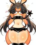  1girl ^_^ bare_shoulders black_hair black_shorts black_tube_top black_wristband blush breasts closed_eyes cowboy_shot dedenne facing_viewer medium_breasts micro_shorts navel open_mouth pokemon pokemon_(creature) pokemon_ears shorts simple_background smile solo standing strapless tail thick_thighs thighs tube_top twintails usa37107692 white_background 