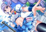  aono_miki bandeau black_thighhighs blue_choker blue_skirt breasts building choker cloud clover cure_berry day fresh_precure! frills hairband highres house long_hair medium_breasts navel outdoors pouch power_lines precure purple_eyes purple_hair road short_sleeves skirt sky street thighhighs town utility_pole very_long_hair wavelevel5 