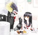  1boy 1girl artist_name beelzebumon black_hair black_jacket blonde_hair cupcake digimon digimon_(creature) eating food fork fur-trimmed_jacket fur_trim glass highres holding holding_fork indoors jacket kumi_(s2o9o3os2) long_hair looking_at_another mask necktie open_mouth original plate red_eyes red_necktie school_uniform serafuku short_hair table third_eye watermark white_serafuku yellow_eyes 