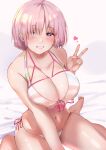  1girl absurdres bare_shoulders bikini breasts cleavage collarbone fate/grand_order fate_(series) grin hair_over_one_eye highres large_breasts light_purple_hair looking_at_viewer mash_kyrielight mash_kyrielight_(swimsuit_of_perpetual_summer_ver.02) masini-mashini615 multicolored_bikini multicolored_clothes navel purple_eyes rainbow_bikini short_hair sitting smile solo striped striped_bikini swimsuit thighs v wariza 