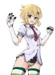  1girl akatsuki_kirika blonde_hair breasts gloves green_eyes green_leotard hair_ornament highres leotard leotard_under_clothes looking_at_viewer lydian_academy_school_uniform medium_breasts necktie no_pants school_uniform senki_zesshou_symphogear short_hair smile solo striped striped_thighhighs suzunarisakuya thighhighs 