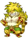  1boy abs acrylic_stand animal_ears bandaged_hand bandages bara belt blush bulge chibi colored_sclera full_body furry furry_male green_sclera grin hair_over_one_eye large_pectorals long_hair looking_at_viewer macan_(housamo) male_focus muscular muscular_male navel nipples pectorals plump smile solo standing stomach tiger_boy tiger_ears tokyo_afterschool_summoners topless_male wrestling_outfit yellow_fur yukashita 