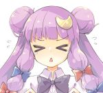  &gt;_&lt; 1girl alternate_hairstyle arnest blue_bow blush bow crescent crescent_hair_ornament double_bun facing_viewer flying_sweatdrops hair_bow hair_bun hair_ornament long_hair open_mouth patchouli_knowledge portrait purple_hair red_bow simple_background solo touhou triangle_mouth white_background 