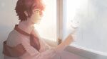 1boy driftwoodwolf fukase male_focus necktie red_eyes red_hair red_scarf scarf shirt smile smiley_face solo upper_body vocaloid white_shirt window window_fog 