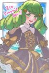  1girl black_dress coral_3535 dress drill_hair fire_emblem fire_emblem:_three_houses flayn_(fire_emblem) green_eyes green_hair hair_ornament hairclip happy_birthday highres looking_at_viewer open_mouth smile solo teeth turtleneck twin_drills upper_body upper_teeth_only 