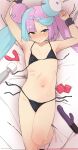  1girl absurdres armpits arms_up bed_sheet bikini black_bikini blush bow-shaped_hair character_hair_ornament closed_mouth collarbone commentary_request condom condom_wrapper cuffs dildo doroshe_(sdpw8474) from_above green_hair hair_ornament highres hitachi_magic_wand iono_(pokemon) knees looking_at_viewer multicolored_hair navel pokemon pokemon_(game) pokemon_sv purple_hair restrained ribs sex_toy shackles solo sweat swimsuit two-tone_hair vibrator yellow_eyes 