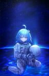  1girl ahoge astronaut blue_hair closed_mouth commentary_request griseo headwear_removed helmet helmet_removed highres holding holding_helmet honkai_(series) honkai_impact_3rd korean_commentary kyaong long_hair looking_at_viewer purple_eyes shallow_water smile solo space space_helmet spacesuit star_(sky) very_long_hair water white_headwear 