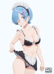  1girl absurdres artist_name blue_eyes blue_hair blush bra breasts carlo_montie cleavage clothes_lift frilled_bra frilled_skirt frills front-tie_bra hair_ornament hair_over_one_eye hairclip highres lifted_by_self looking_at_viewer maid maid_headdress medium_breasts panties re:zero_kara_hajimeru_isekai_seikatsu rem_(re:zero) short_hair signature skirt skirt_lift solo underwear white_background 