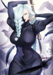  1girl axe bird blood blood_on_weapon blueorca breasts crow feathers flock hair_over_one_eye highres holding holding_axe jujutsu_kaisen large_breasts looking_at_viewer mei_mei_(jujutsu_kaisen) ponytail weapon white_hair wide_hips 