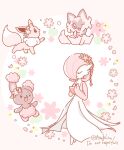  alternate_color asakoline buneary closed_eyes eevee flower gardevoir hair_flower hair_ornament head_wreath no_humans one_eye_closed pink_background pink_flower pink_hair pink_theme pokemon pokemon_(creature) red_eyes shiny_pokemon smile sprigatito 