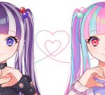  bang_dream! black_choker blue_hair blunt_bangs choker heart heart_hands long_hair multicolored_hair nurumi_p nyubara_reona pink_eyes pink_hair purple_eyes purple_hair smile streaked_hair twintails white_hair 