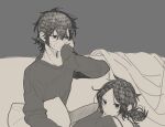  1boy 1girl amanogawa_shiina_(artist) black_hair brother_and_sister grey_background holding holding_pillow monochrome pillow siblings sketch sweat the_coffin_of_andy_and_leyley 