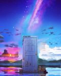  brick_wall cloud commentary door field furumiya-underson galaxy highres ivy mountainous_horizon no_humans outdoors plant reflection reflective_water scenery sky star_(sky) starry_sky sunset suzume_no_tojimari variant_set water 