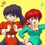  2girls angry blue_eyes body_switch breasts chinese_clothes highres kunou_kodachi multiple_girls navel open_mouth personality_switch ranma-chan ranma_1/2 red_hair tangzhuang wanta_(futoshi) yellow_background 