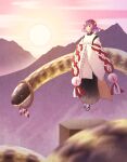  1girl alternate_costume animal ball blue_hair cloud cloudy_sky flower giant_snake hair_flower hair_ornament medium_hair mountain mountainous_horizon onbashira oversized_animal pink_sky red_eyes rope sandals shi_o_musubi shimenawa sky solo sun touhou yasaka_kanako 