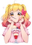  1girl ahoge aikatsu!_(series) aikatsu_stars! blonde_hair blush bow closed_mouth commentary food fruit gradient_hair hair_bow hands_on_own_cheeks hands_on_own_face heart highres ice_cream long_hair multicolored_hair nijino_yume pink_hair pink_shirt shirt short_sleeves simple_background solo spoon strawberry sundae supersaiazin-kanako symbol-only_commentary tongue tongue_out twintails upper_body utensil_in_mouth white_background yellow_eyes 