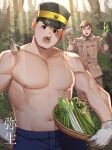  2boys absurdres animal_on_shoulder bara bird bird_on_shoulder blush chest_hair edogai_yasaku facial_hair food goatee golden_kamuy hat highres holding holding_food holding_vegetable imperial_japanese_army kazuo_maeyama kepi large_pectorals looking_at_viewer male_focus military_hat multiple_boys muscular muscular_male mustache nipples pectorals reman_kamuy short_hair smile solo_focus stomach sunlight thick_eyebrows thick_lips topless_male vegetable 