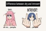  2girls asymmetrical_sidelocks blue_eyes blue_hair bocchi_the_rock! comparison cube_hair_ornament dide6an difference_between_shy_and_introvert_(meme) double_middle_finger english_text gotou_hitori hair_ornament jacket long_hair long_sleeves looking_at_viewer meme middle_finger mole mole_under_eye multiple_girls one_side_up open_mouth pink_hair pink_jacket pink_track_suit short_hair shy side_ponytail simple_background yamada_ryou yellow_eyes 
