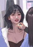  2girls absurdres applying_makeup black_camisole black_hair blue_jacket breasts brown_eyes brown_hair camisole cleavage highres jacket jiangkang_meizi k-pop lipstick long_hair makeup medium_hair momo_(twice) multiple_girls off_shoulder parted_lips real_life red_lips shirt sketch smile solo_focus twice_(group) white_shirt 