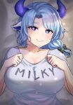  1girl animal_ears black_bow blue_eyes blue_hair bow breasts character_name collarbone cow_ears cow_horns grey_shirt hair_bow heart heart-shaped_pupils horns indie_virtual_youtuber large_breasts lying medium_hair miilkywayz mole mole_under_eye mole_under_mouth narunin on_back shirt smile solo swept_bangs symbol-shaped_pupils upper_body 